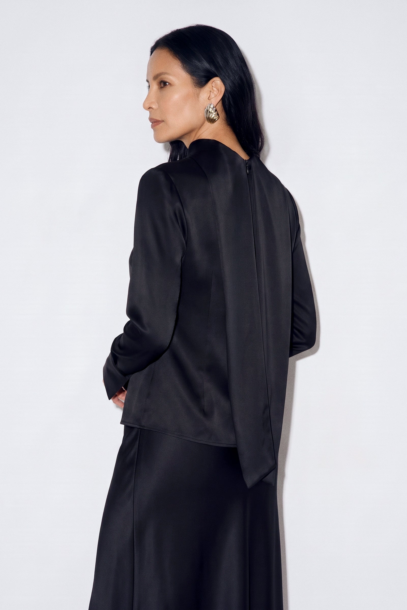 Long Sleeve Satin Scarf  Blouse