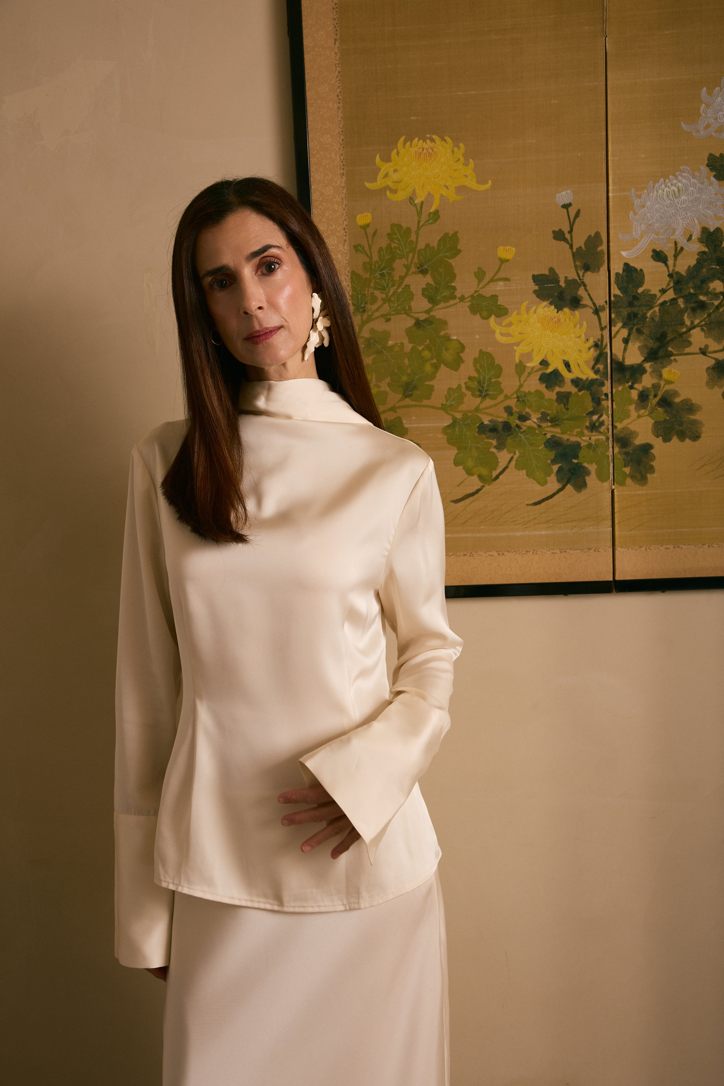 Long Sleeve Satin Scarf  Blouse