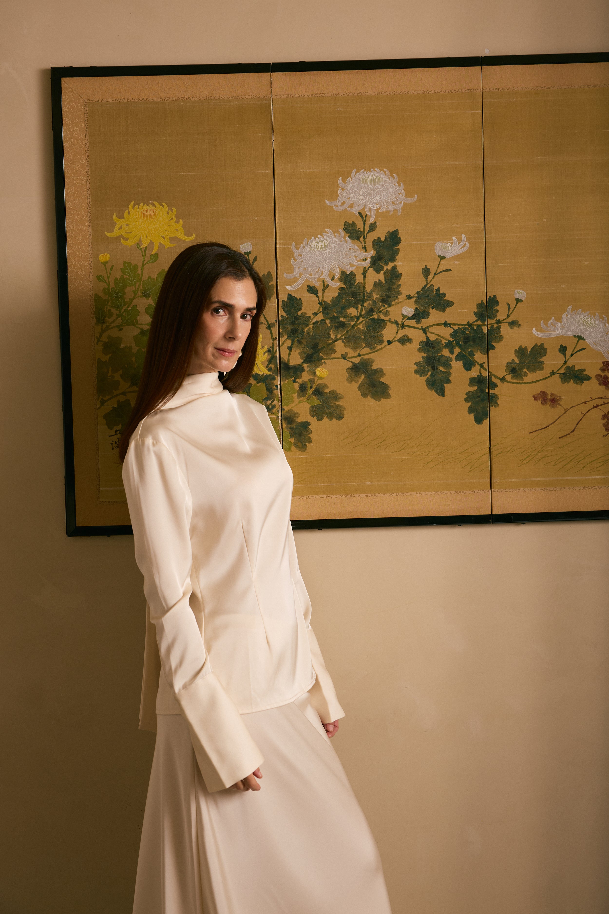 Long Sleeve Satin Scarf  Blouse