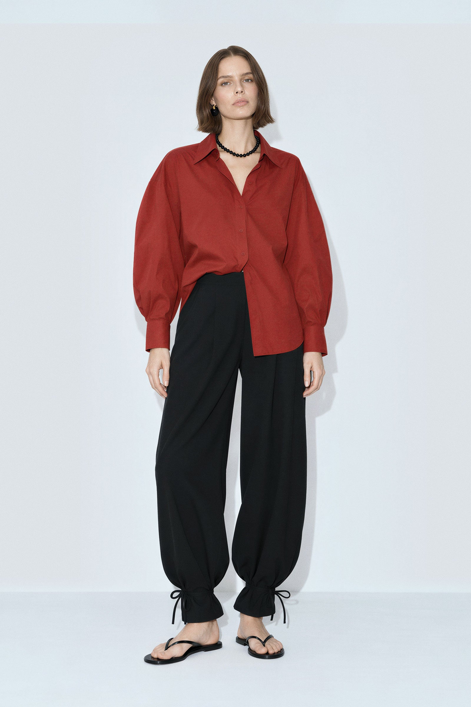 Cotton Poplin Bubble Sleeve Blouse