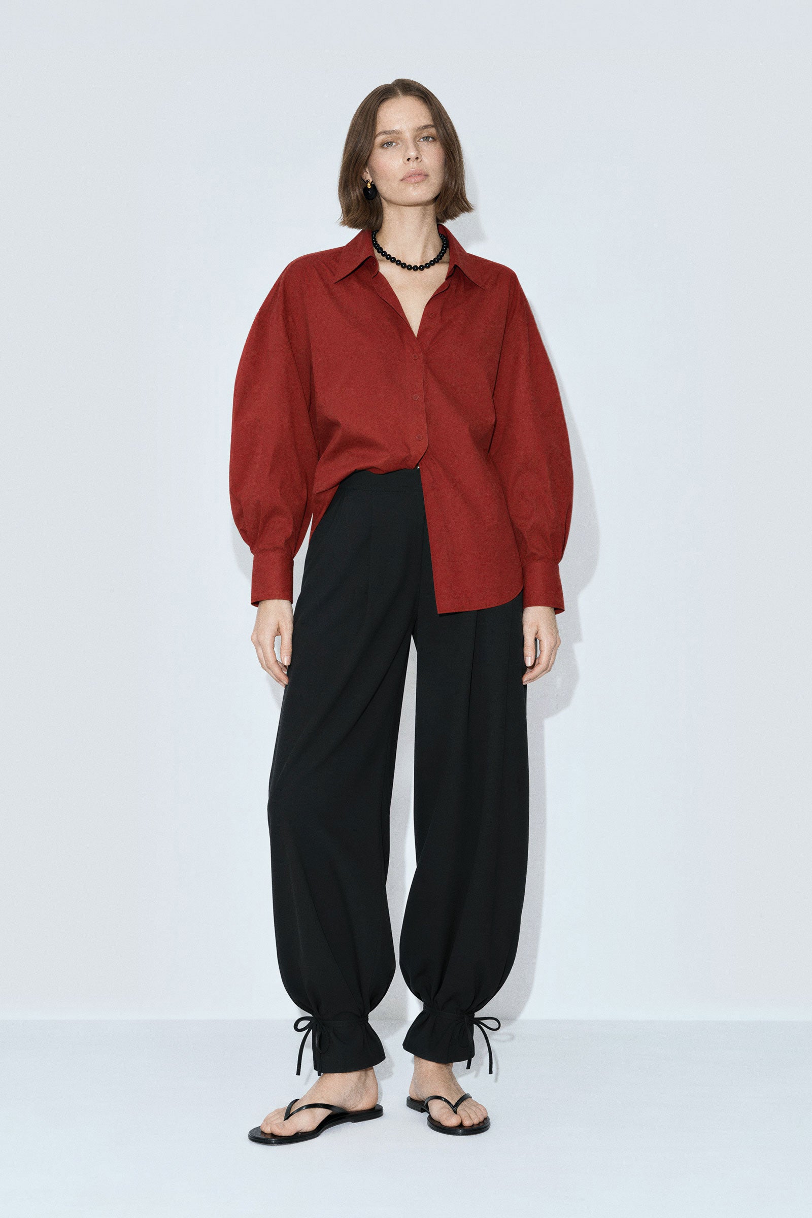 Cotton Poplin Bubble Sleeve Blouse