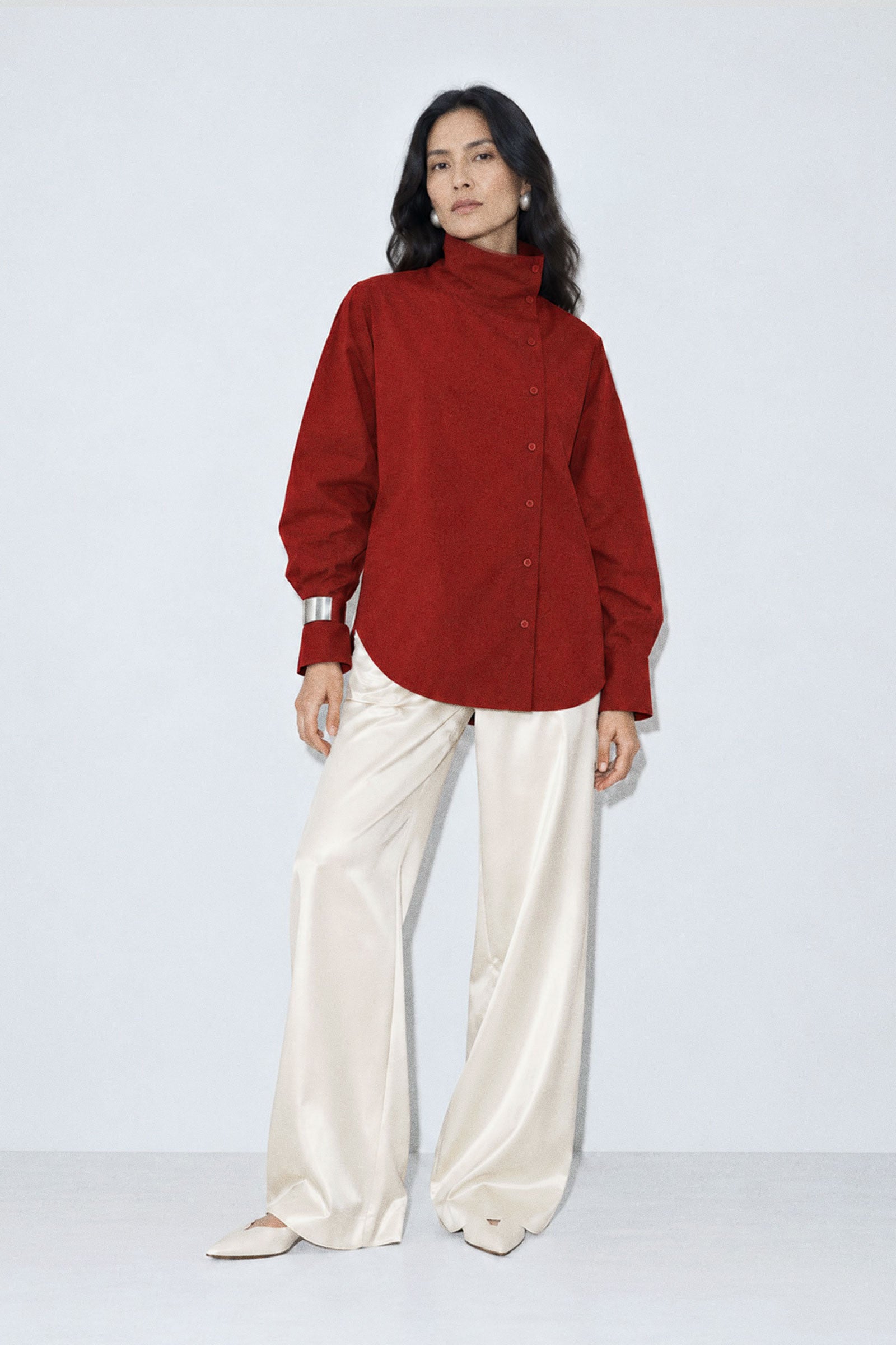 Cotton Poplin High Neck Blouse